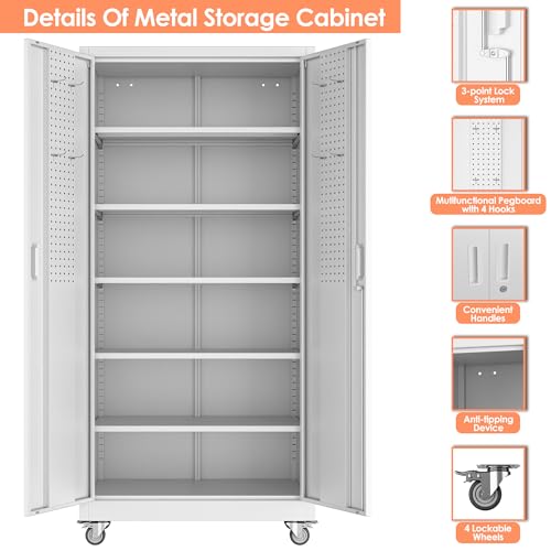 73" H Metal Storage Cabinet with Wheels and Locking Doors M3083