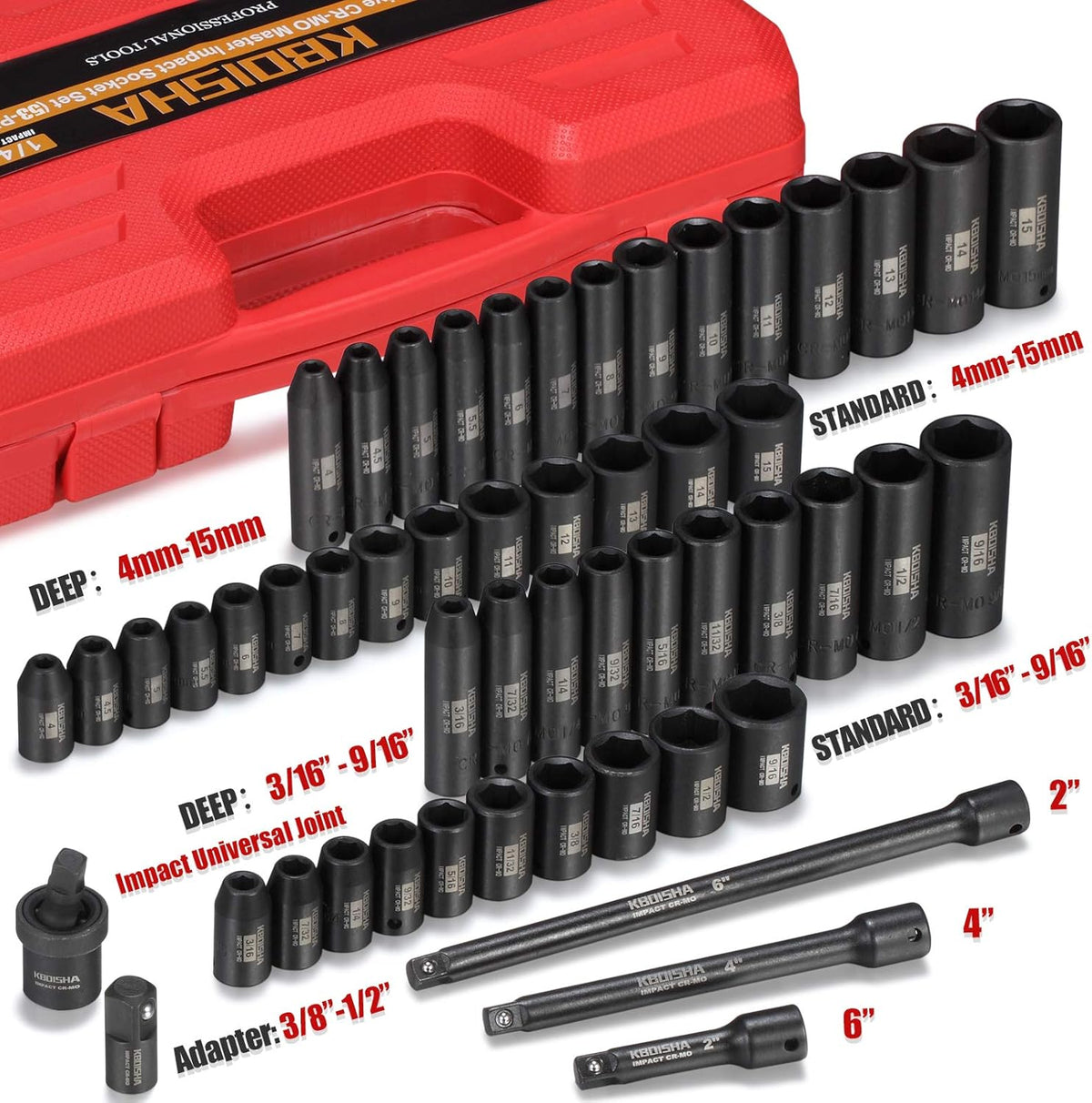 1/4 Inch Drive 53-Piece CR-MO Alloy Steel Impact Socket Set SAE and Metric T2647