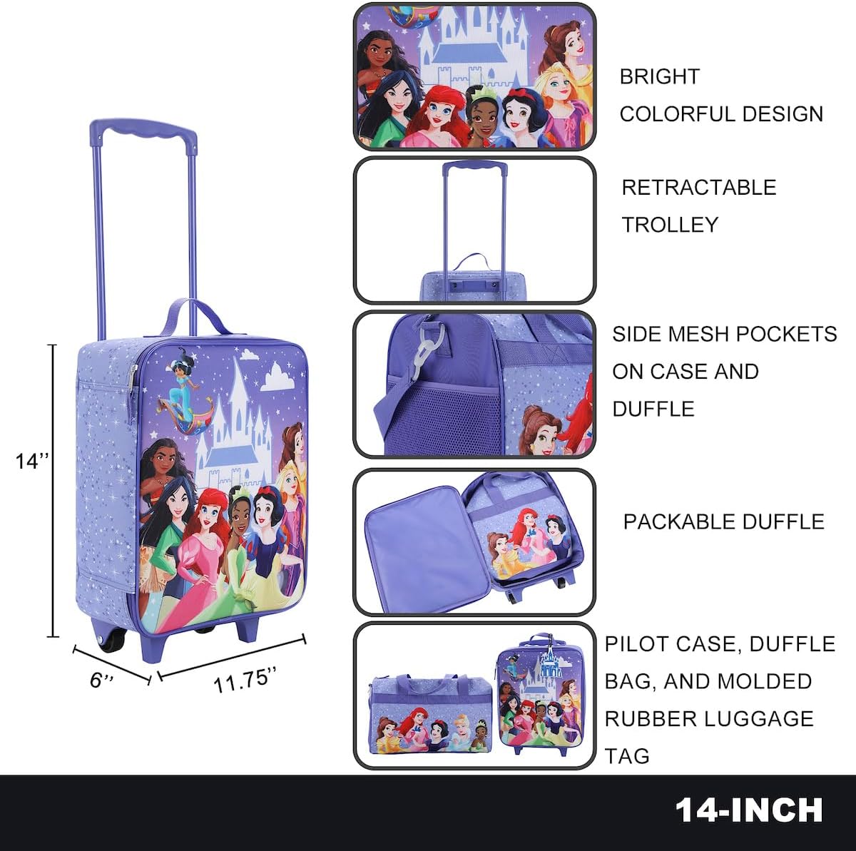 Disney Princess 3-Piece Youth Duffle Bag Travel Set With Pilot Case & Luggage Tag H530