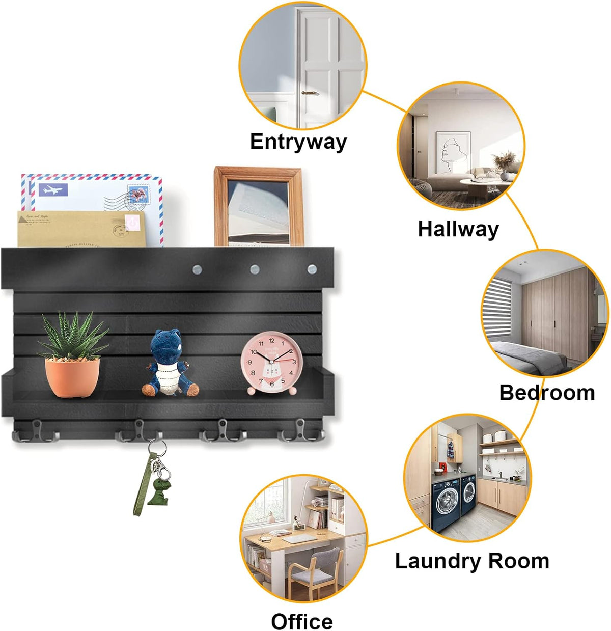 Wooden Key Holder with 4 Key Hooks and Double Shelf O6882