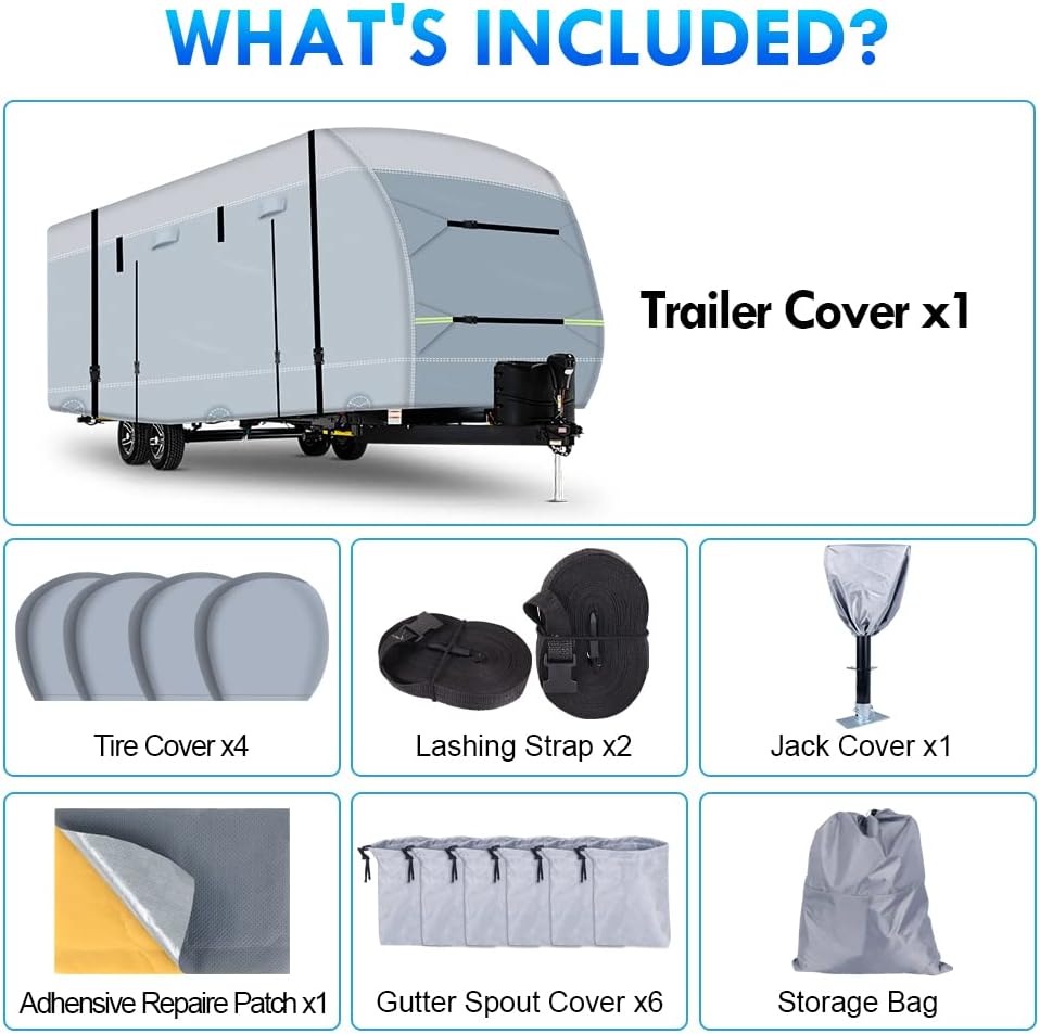 600D Ripstop RV Cover with 4 Tire Covers & Tongue Jack Cover & 6 Gutter Cover O734496