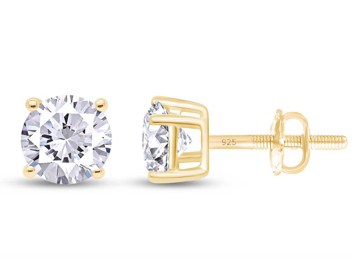 2 Carat Round Cut Lab Created Moissanite Solitaire Screw Back Stud Earrings In 18K Yellow Gold Over Sterling Silver P61251