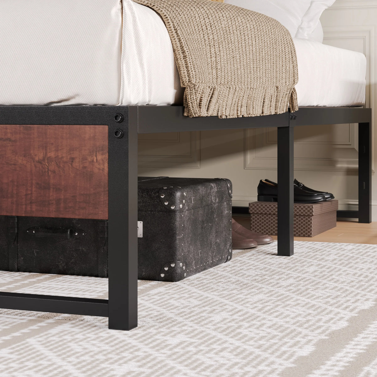 Brown King Size Metal Platform Bed Frame with Underbed Storage J48223