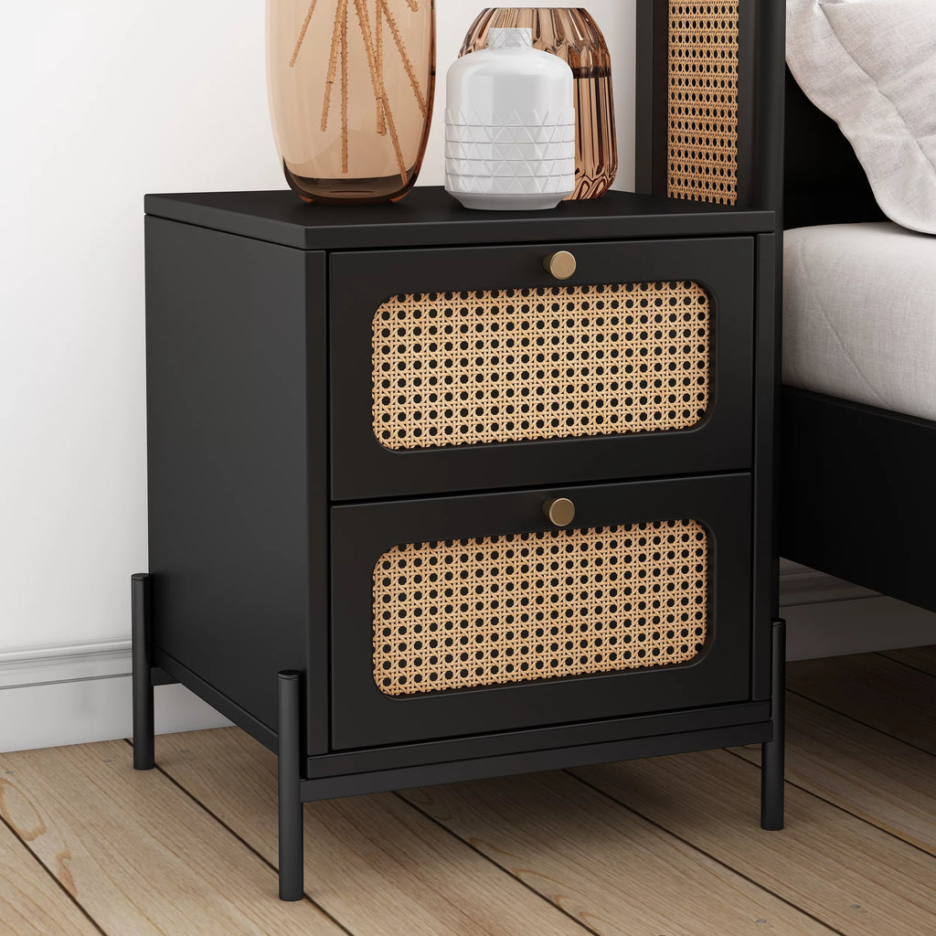 Walnut 2-Drawer Rattan Wood Side Table Q5092