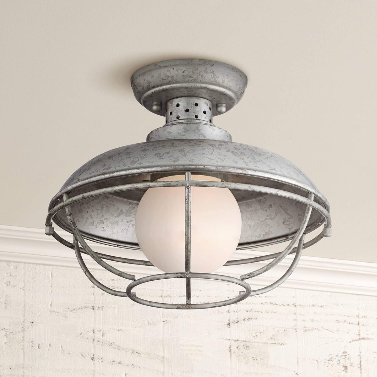 Rustic Industrial Galvanized Steel Open Cage Outdoor Ceiling Light Fixture X16323