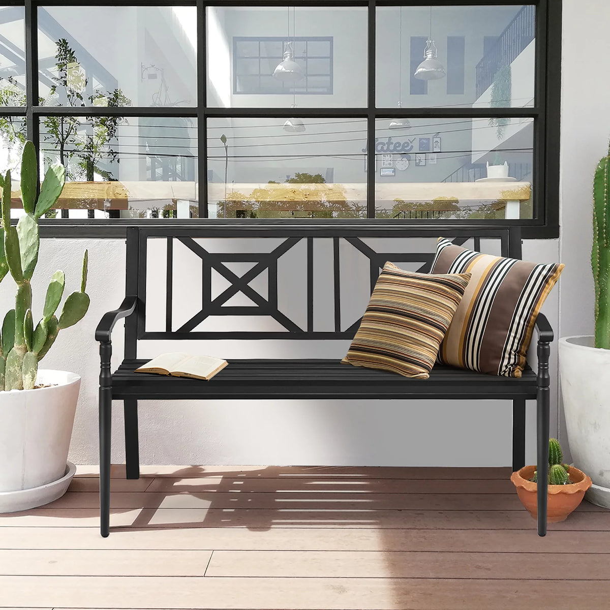Black Steel Frame Patio Garden Bench N959876