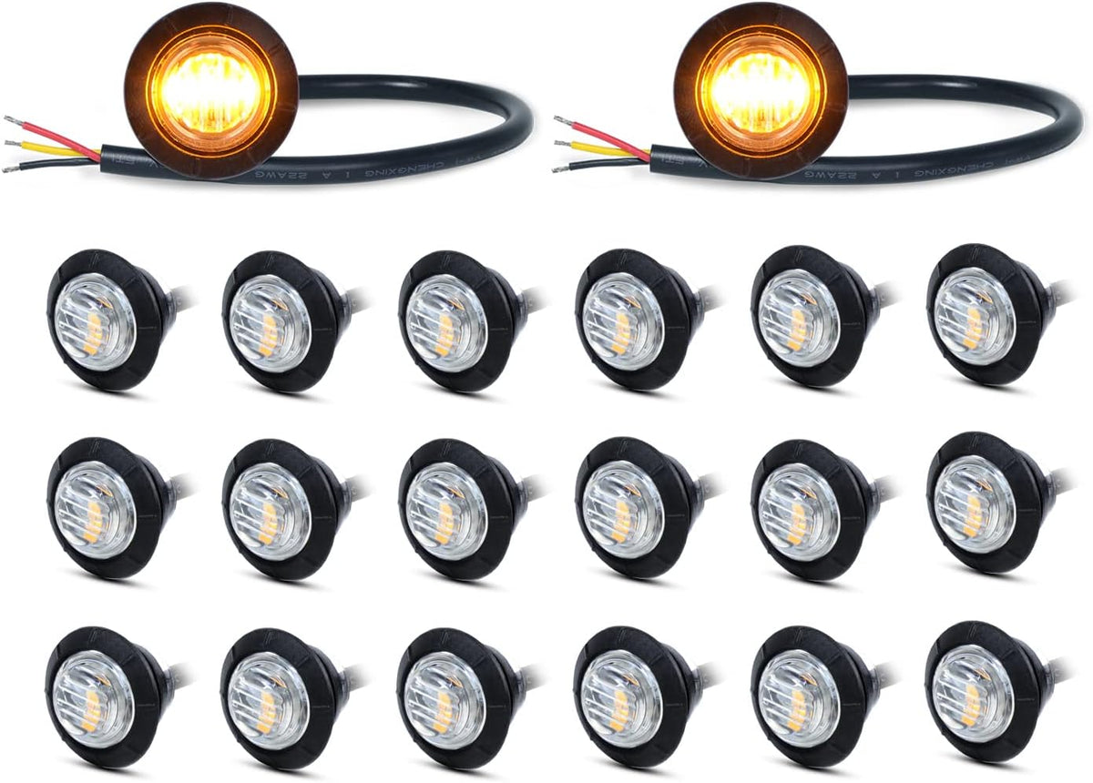 Pack of 20 3/4 Inch Round Clear Lens Amber 3 Diodes Side Marker Lights 12V DC J941