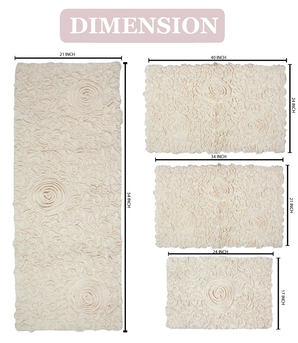 100% Cotton Tufted Bath Rugs, 4 Piece Set with Runner, Ivory E424274