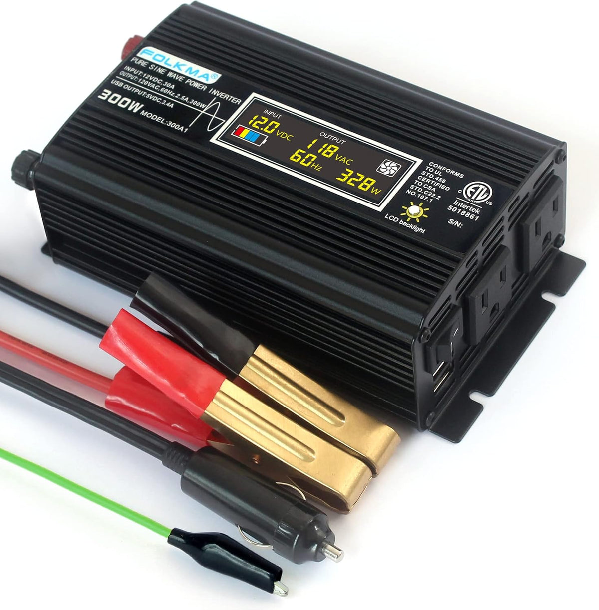 300W Pure Sine Wave Power Inverter DC 12V to 110V AC with USB Charger, Pack of 2 X62362