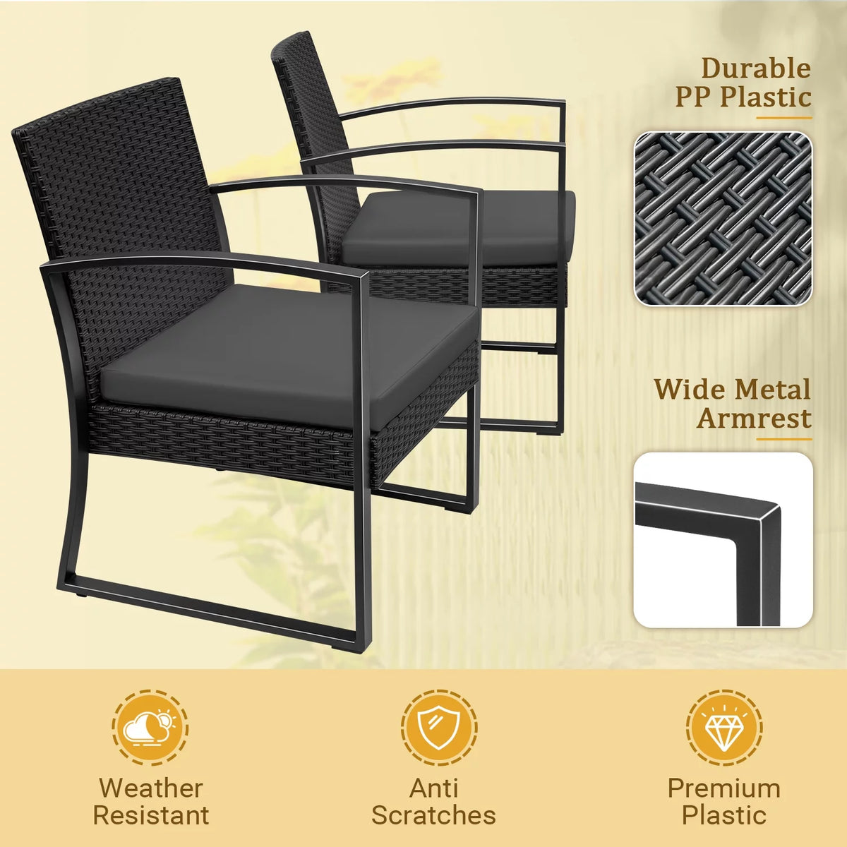 3 Pieces Outdoor Plastic Bistro Set with Cushion and Table, Black S595550