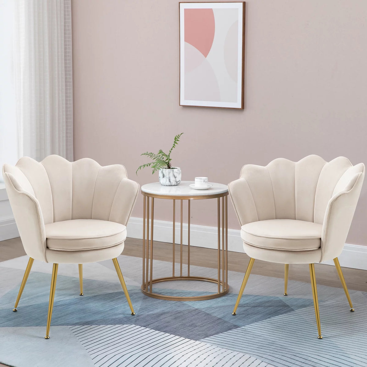 White Velvet Upholstered Arm Chair with Golden Metal Legs, Set of 2 B382082