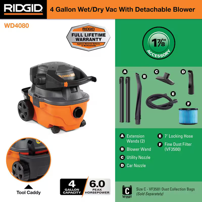 4 Gallon 6.0 Peak HP Wet/Dry Shop Vacuum with Blower N77723