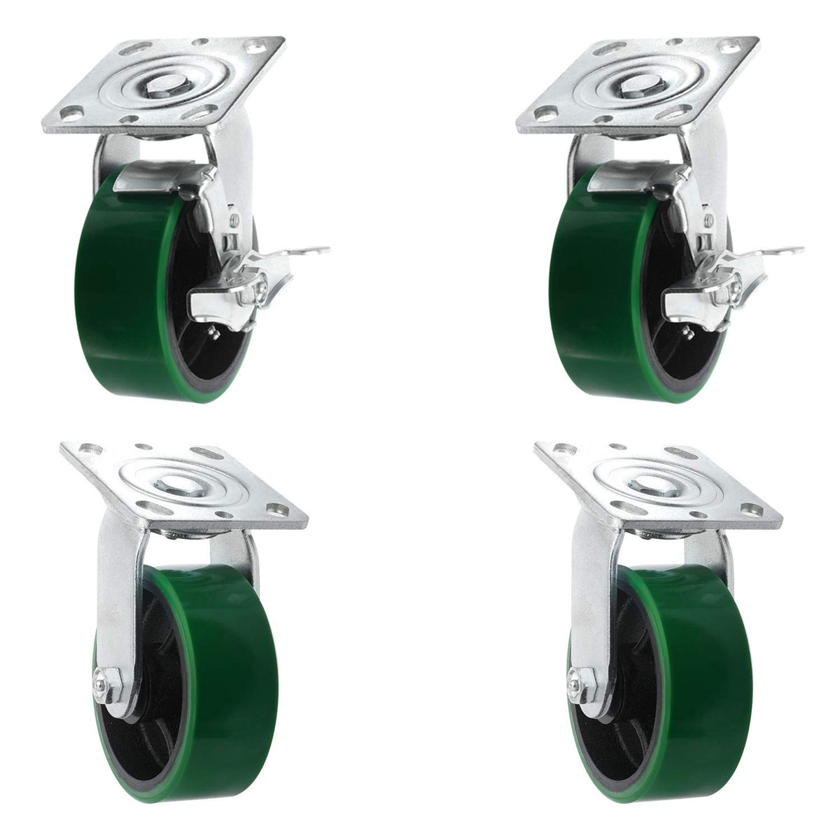 4 Quantity Heavy Duty Swivel w/Brake Rigid Polyurethane Mold on Steel Wheel Caster E329