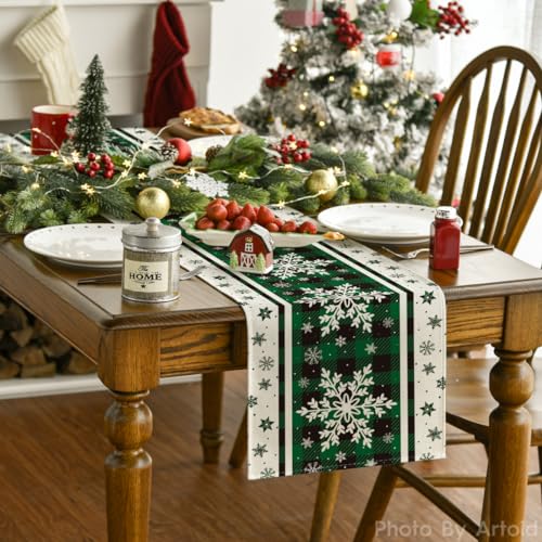Green Buffalo Plaid Snowflakes Christmas Table Runner 13x72 Inch S605