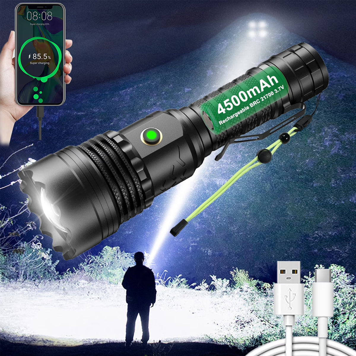 Rechargeable LED Flashlight 12000 Lumens Zoomable Handheld Spotlight with Lanyard and Hooks S270