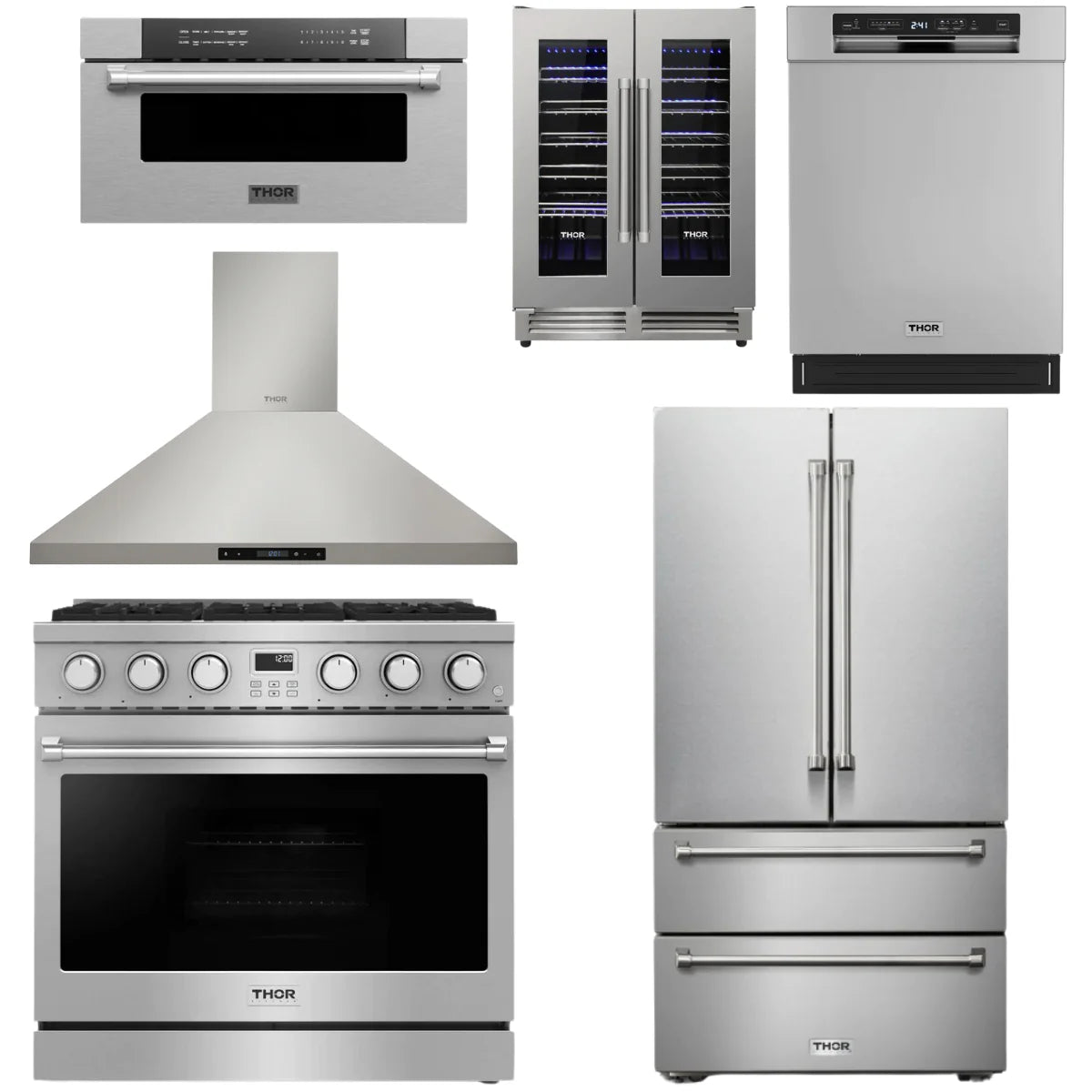 36 Gas Range, Range Hood, Refrigerator, Dishwasher, Microwave and Wine Cooler T682