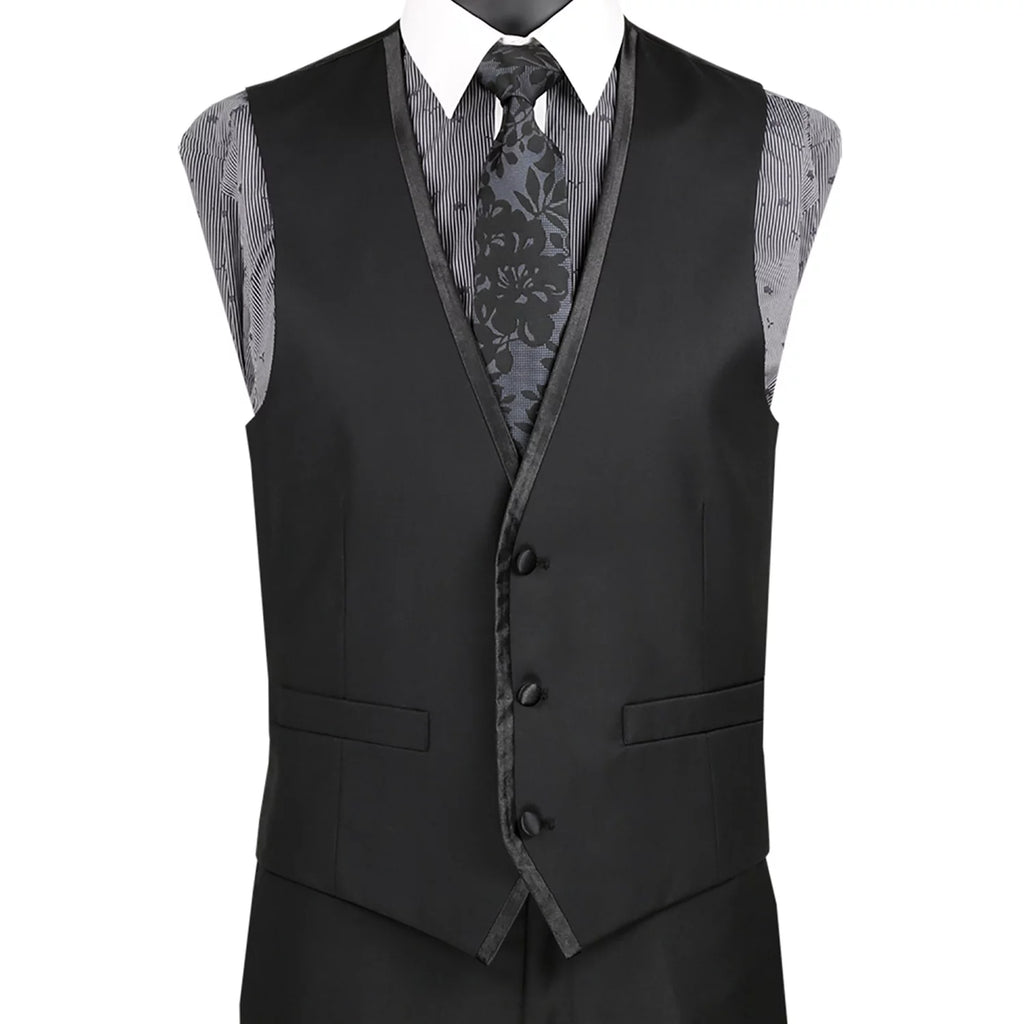 Men's Slim-Fit 3-Piece Textured Solid Lapel Suit - Black 50L T377151