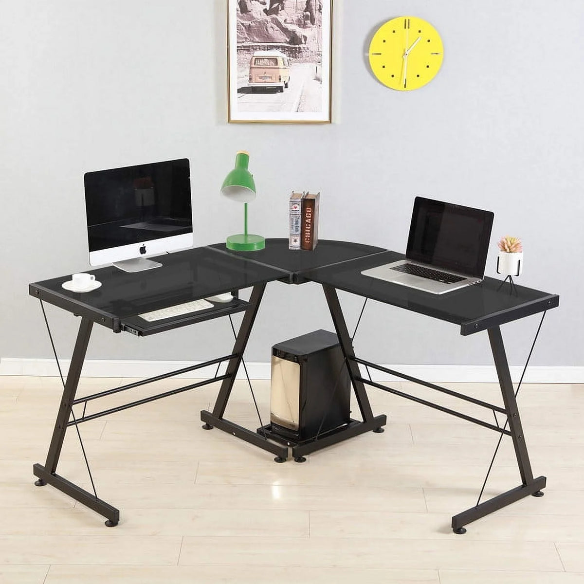 L-Shaped Tempered Glass Computer Desk with Shelf & Keyboard Tray T95103