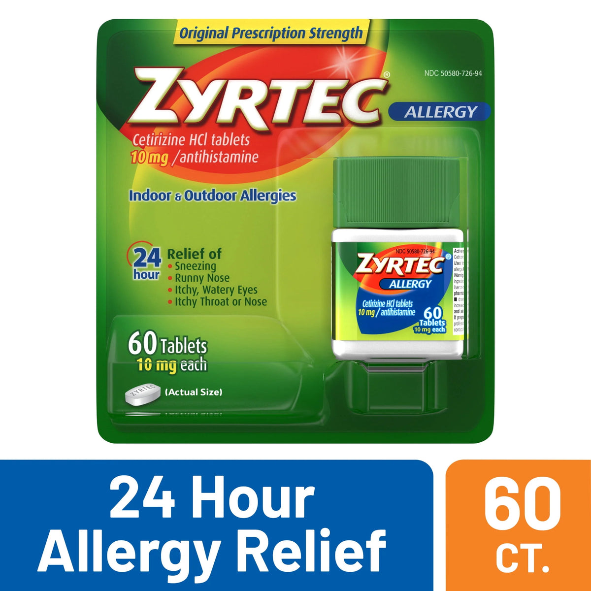 24 Hour Allergy Relief Tablets 10 mg Cetirizine HCl 60 Ct U22790