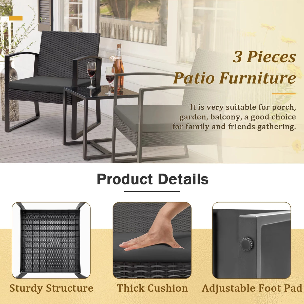 3 Pieces Outdoor Plastic Bistro Set with Cushion and Table, Black S595550