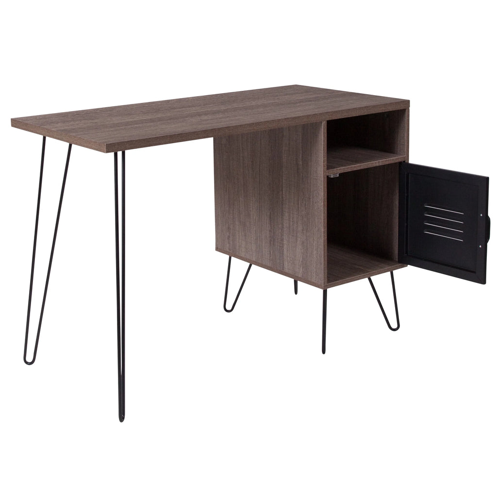 Rustic Wood Grain Computer Desk with Metal Cabinet L2037