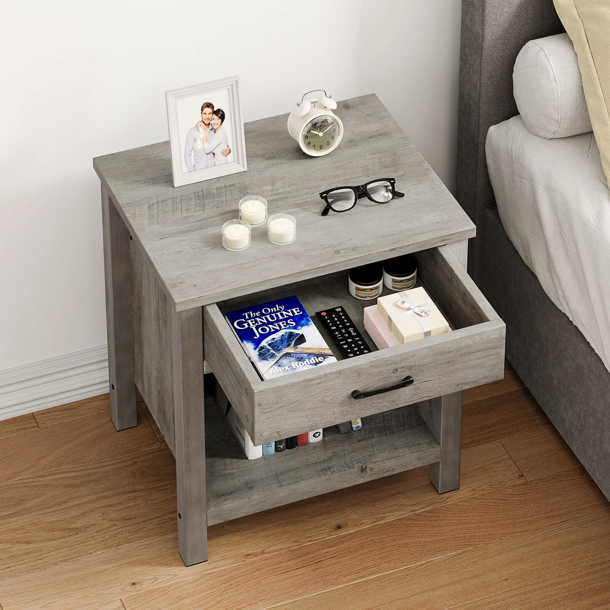 Rustic Grey End Table with Storage Drawer T1524