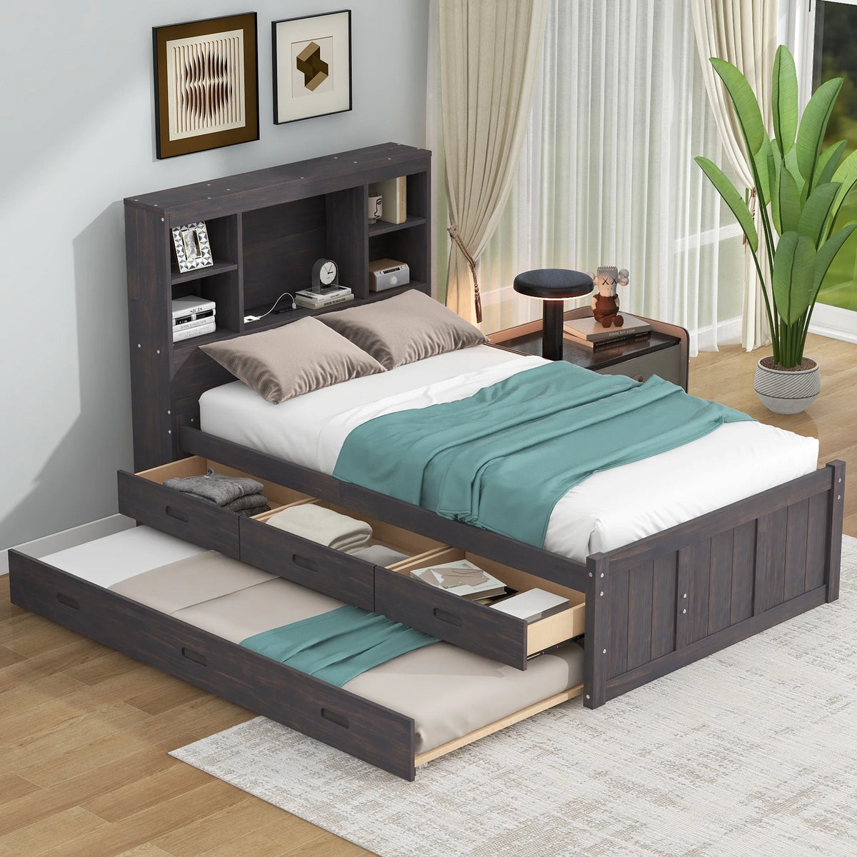 Twin Size Wood Platform Bed with Storage Headboard and Trundle T44779