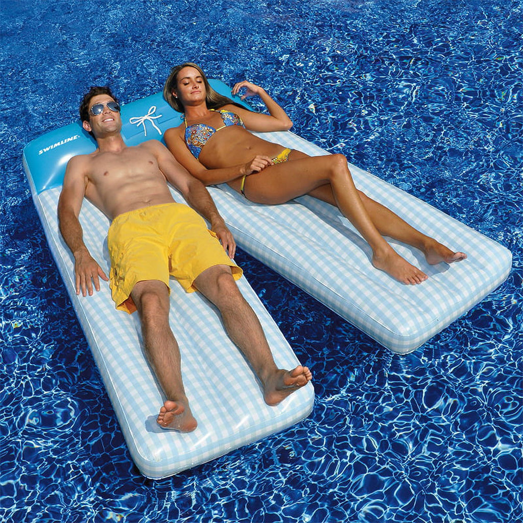 Inflatable Blue and White Checkered Double Lounge Float W409201