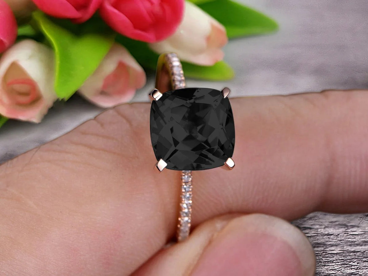 Art Deco Cushion Cut Black Diamond Moissanite Wedding Engagement Ring P971656