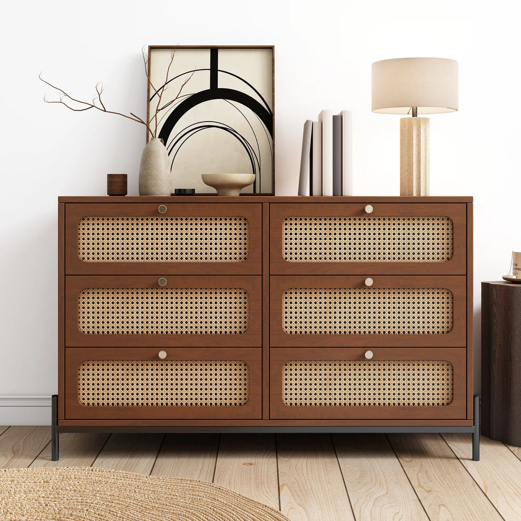 Walnut 2-Drawer Rattan Wood Side Table Q5092