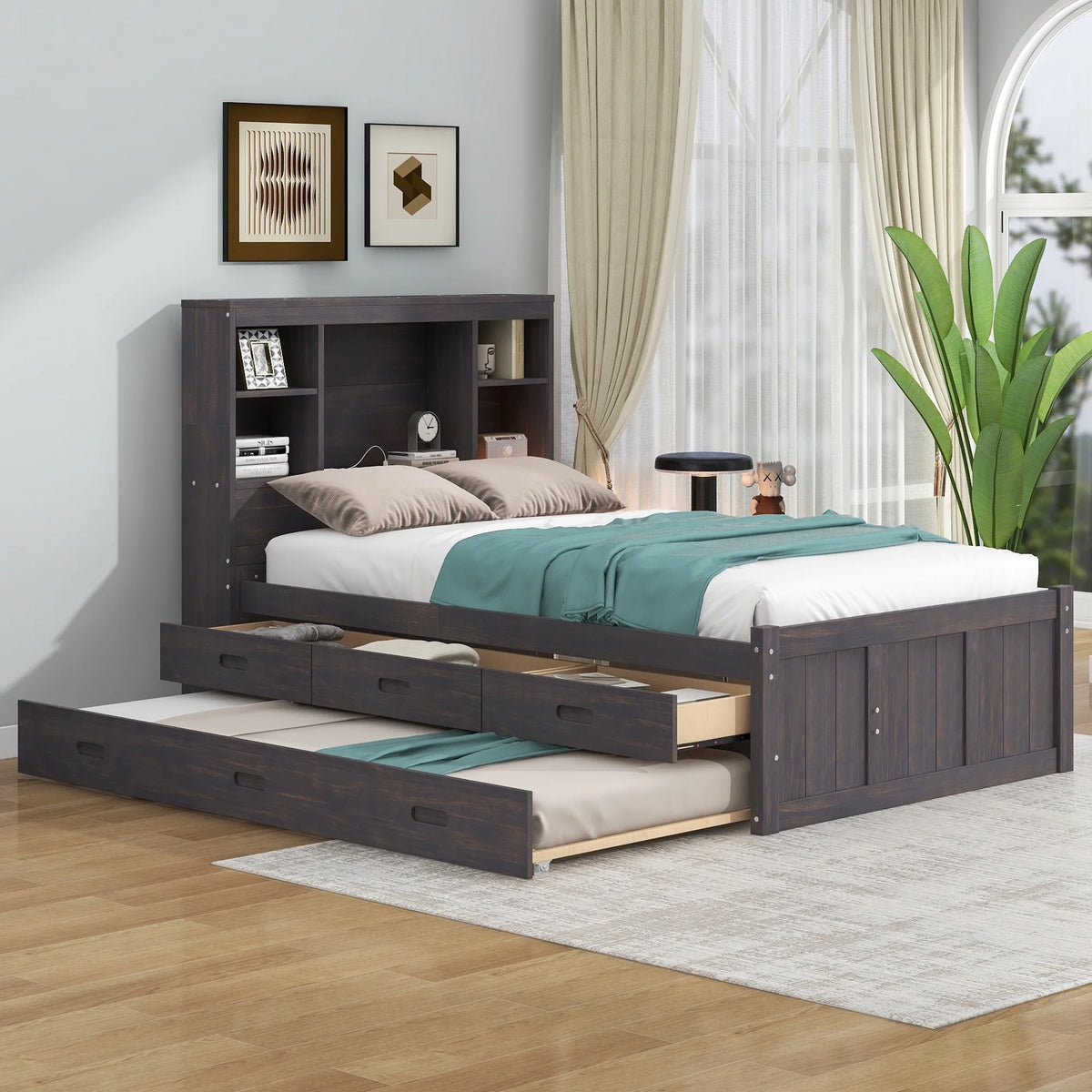 Twin Size Wood Platform Bed with Storage Headboard and Trundle T44779
