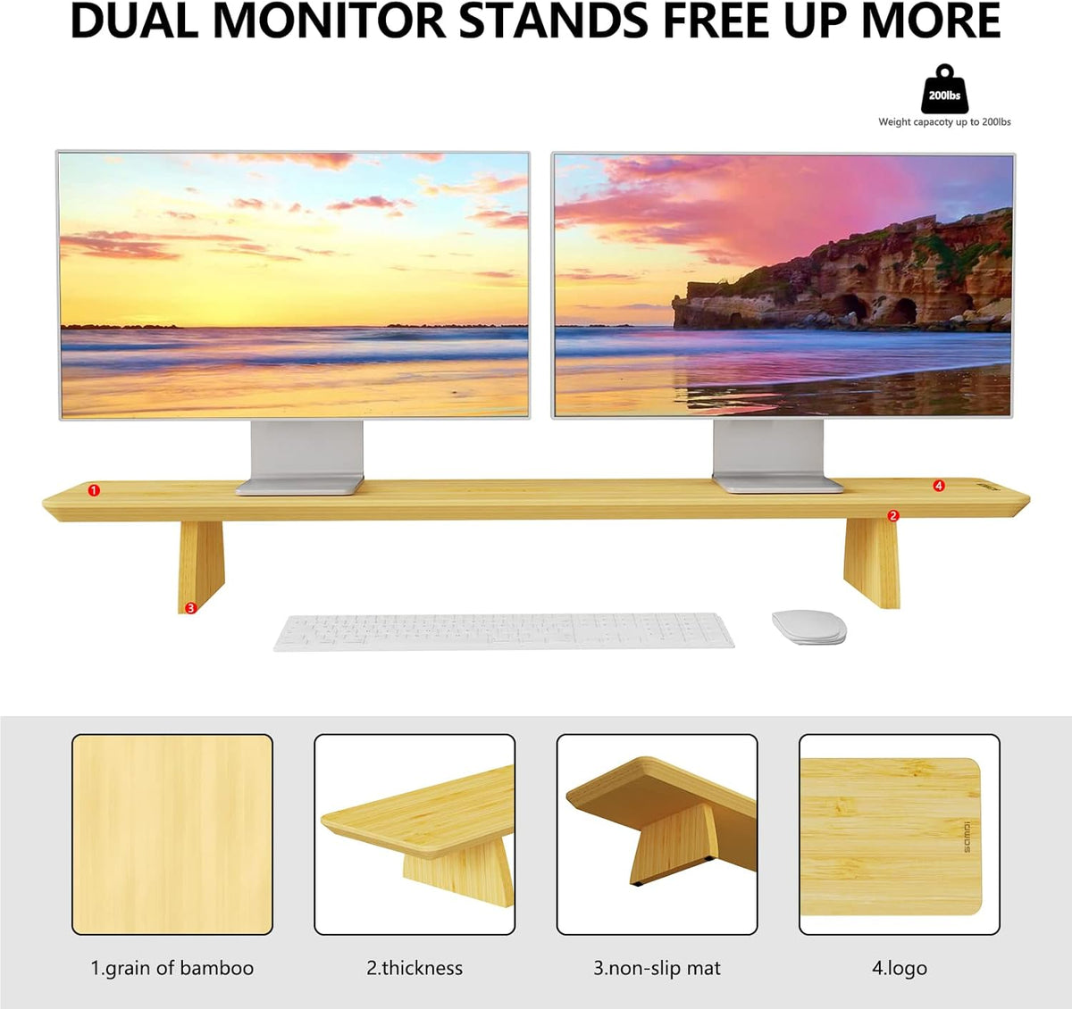 Large Bamboo Wood Monitor Stand Riser with Storage, Pack of 2 E7571