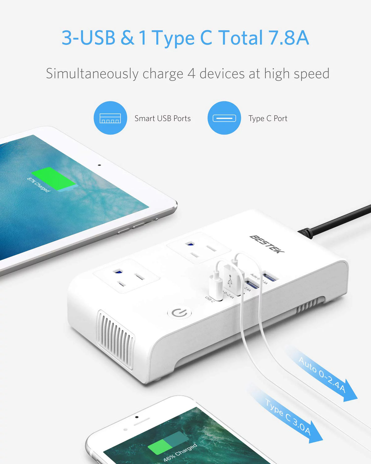 200W Car Power Inverter DC 12V to AC 110V with 4 USB White G698