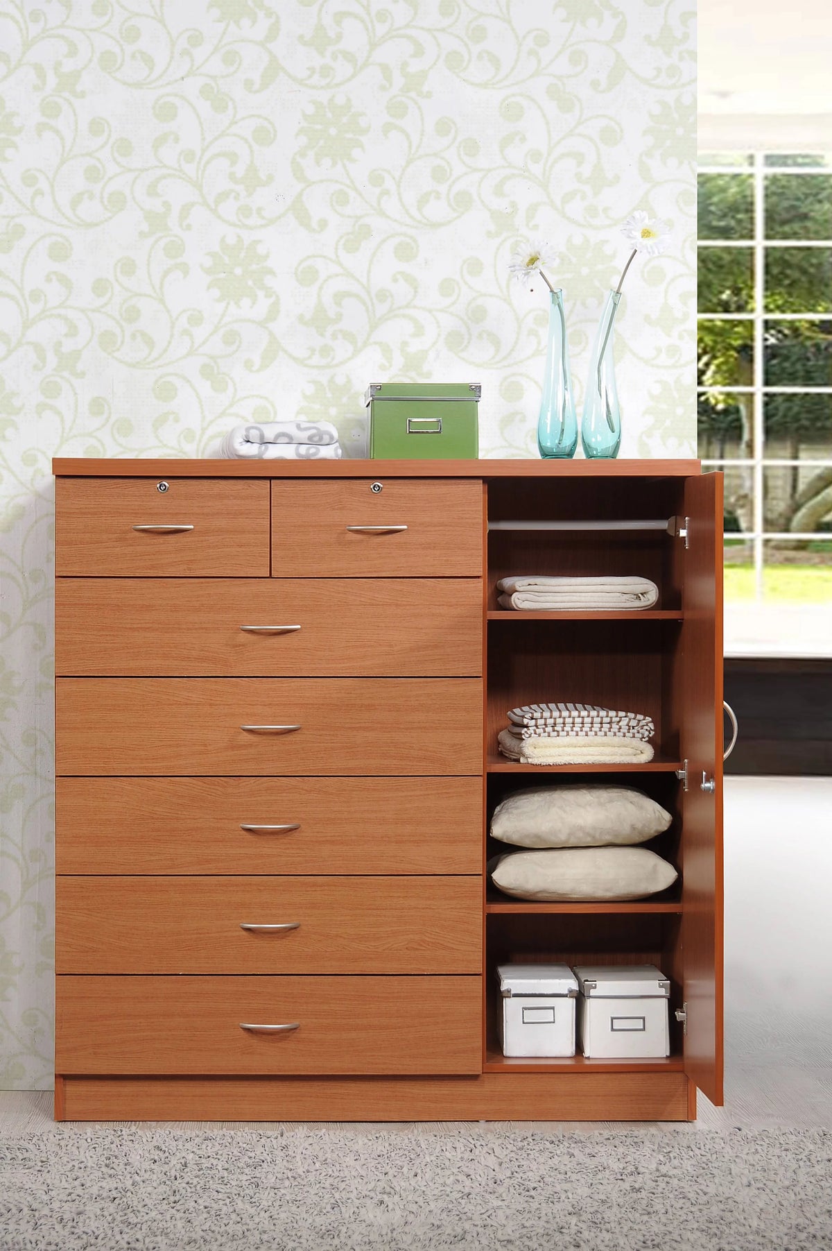 7 Drawer Dresser with Side Cabinet and 3 Shelves, Chocolate Z17150