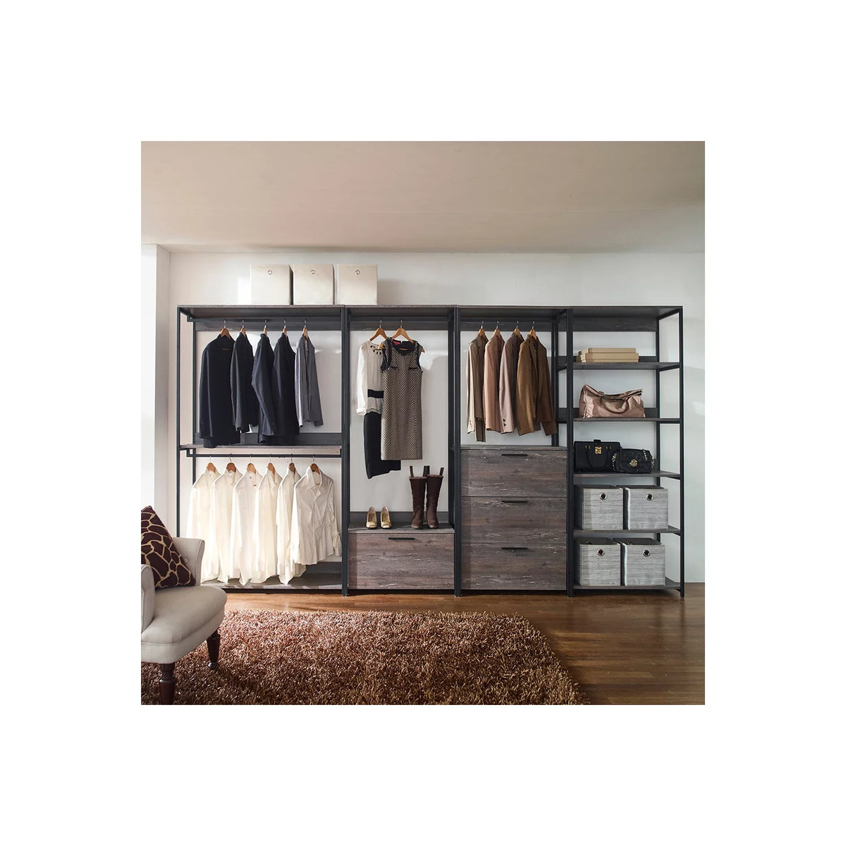 Wood and Metal Walk-in Closet with 1-Drawer in Rustic Gray T9999