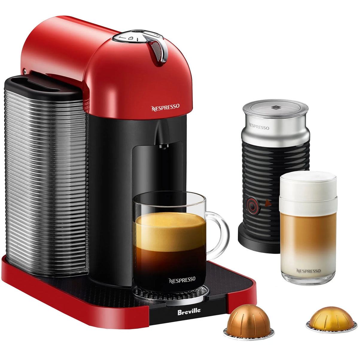 Chrome Coffee & Espresso Single-Serve Machine and Black Milk Frother E12950