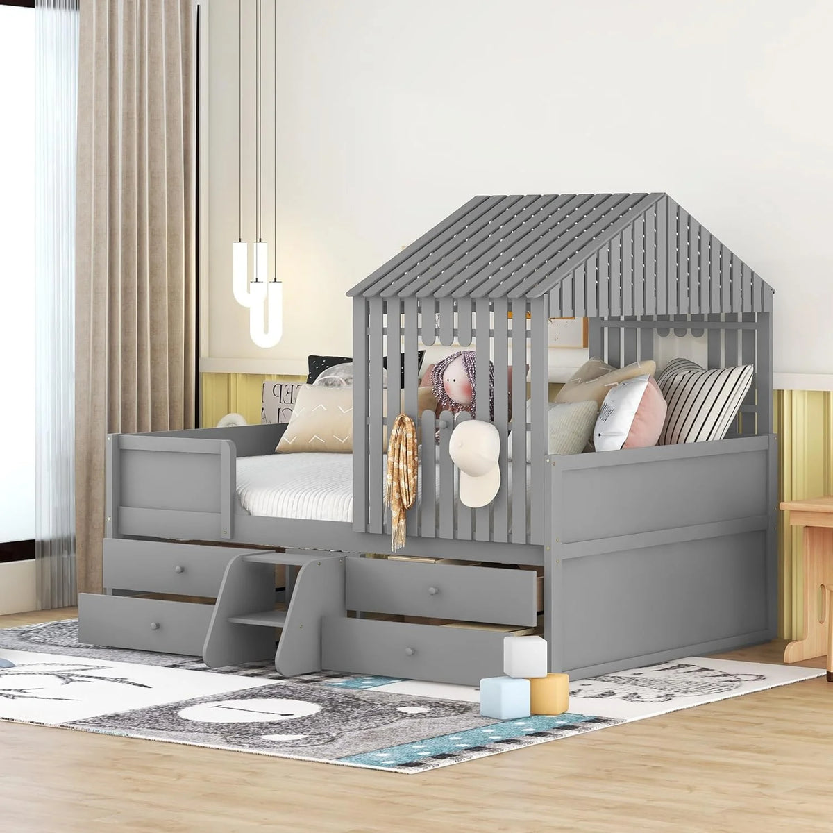 Full Size Wood House Bed with 4 Drawers and Roof F667