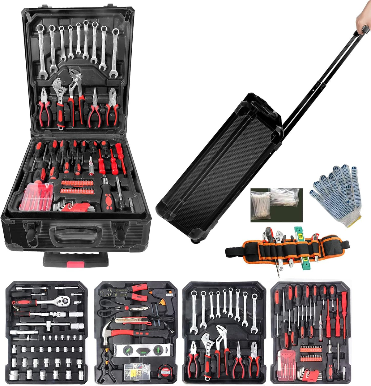 Black Rolling Tool Box Hand Tool Set with Tool Belt G9468